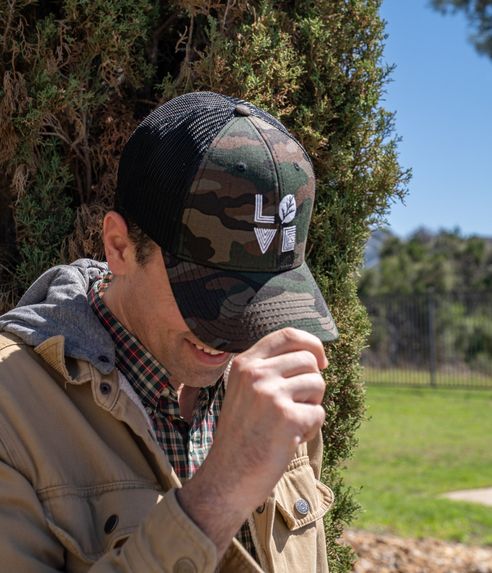 Cedar Park Camo Trucker Hat | Embroidered Love Mesh Cap