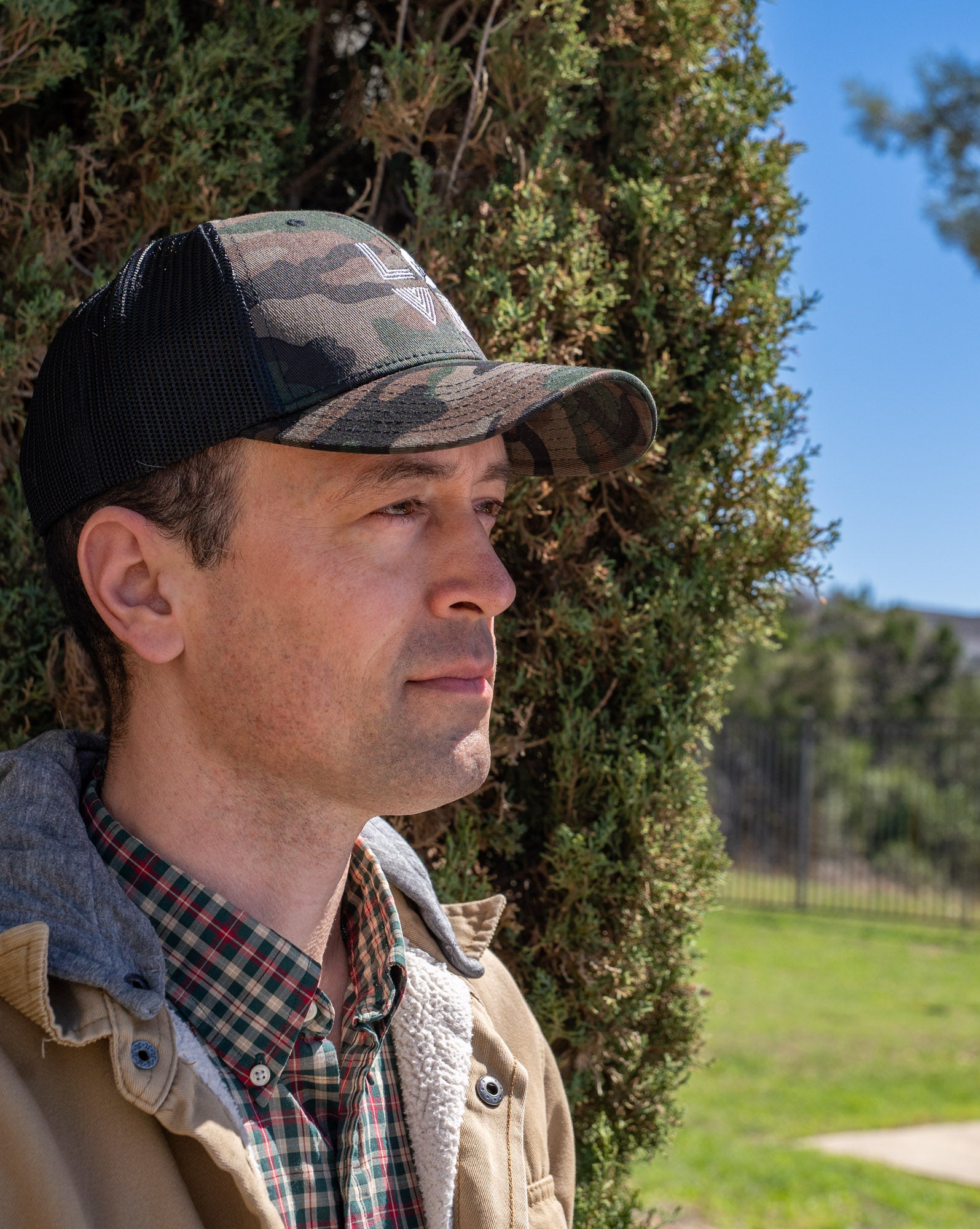 Cedar Park Camo Trucker Hat | Embroidered Love Mesh Cap